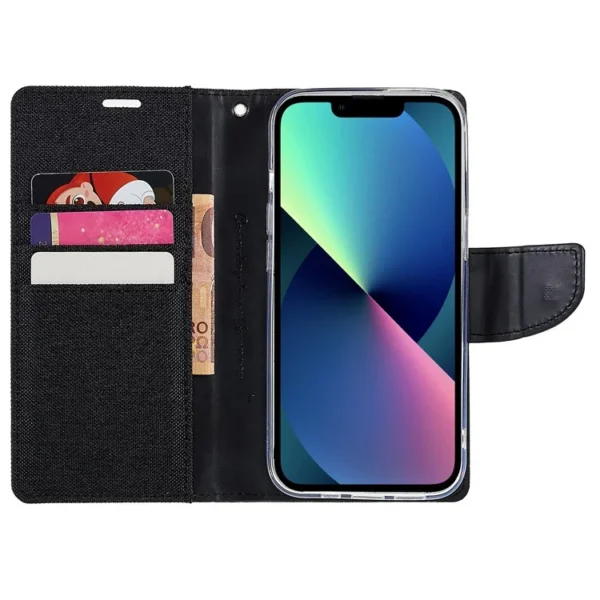 Second image of MERCURY GOOSPERY For iPhone 15 Case Canvas Texture Stand Phone Leather Cover - Black