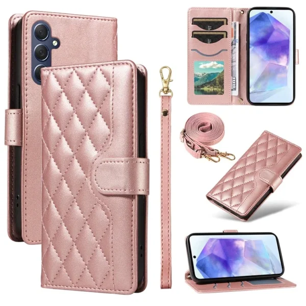 Samsung Galaxy A55 5G Case Wallet Rhombus Leather Phone Cover with Shoulder Strap, Wrist Strap - Rose Gold