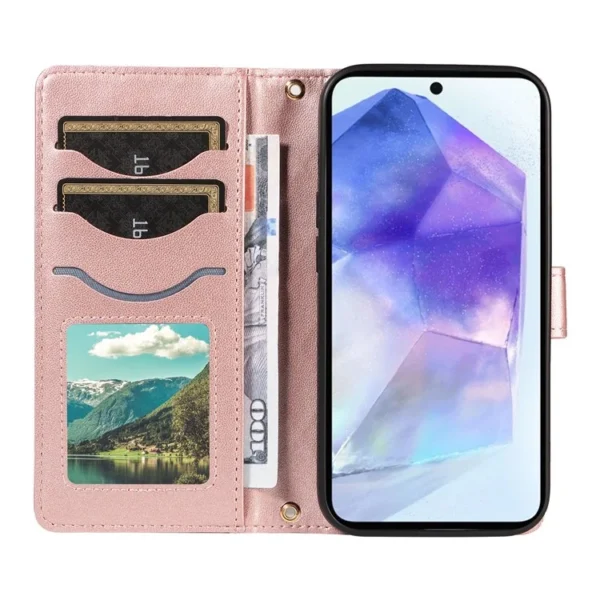 Second image of Samsung Galaxy A55 5G Case Wallet Rhombus Leather Phone Cover with Shoulder Strap, Wrist Strap - Rose Gold