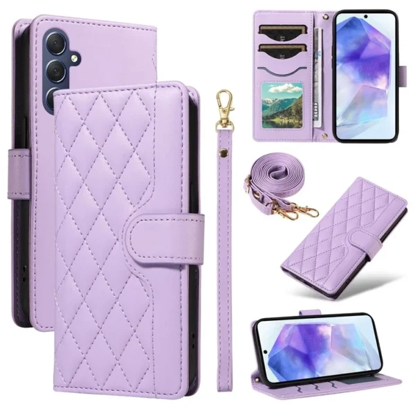Samsung Galaxy A55 5G Case Wallet Rhombus Leather Phone Cover with Shoulder Strap, Wrist Strap - Light Purple