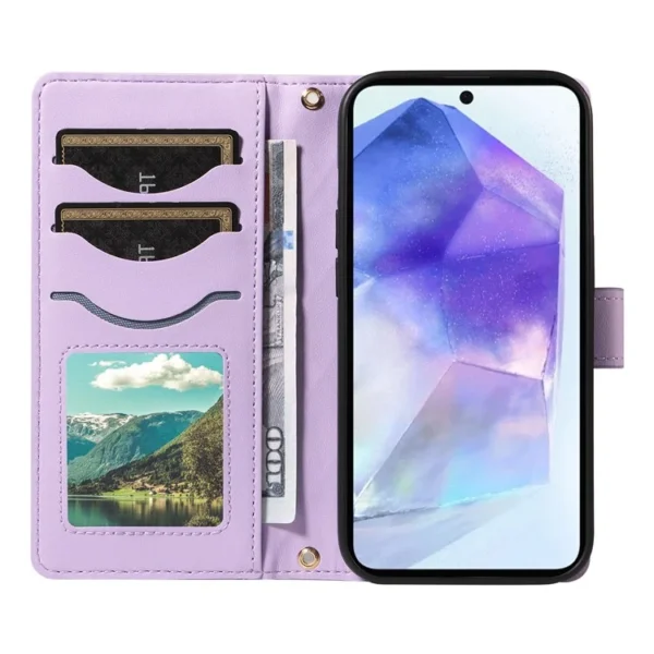 Second image of Samsung Galaxy A55 5G Case Wallet Rhombus Leather Phone Cover with Shoulder Strap, Wrist Strap - Light Purple