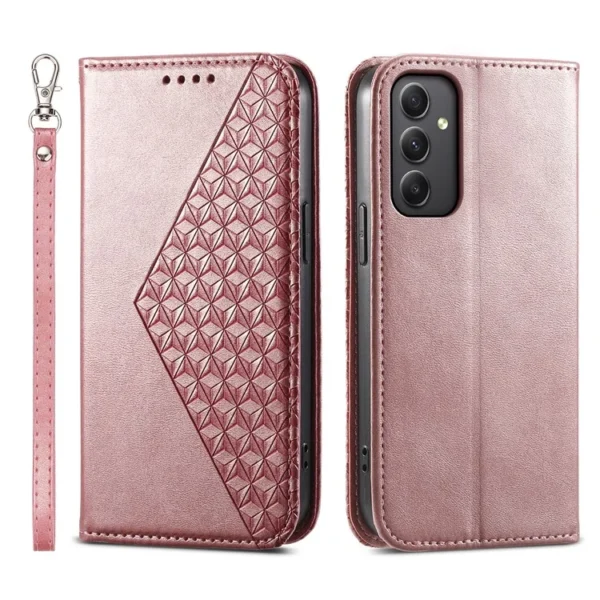 Samsung Galaxy A35 5G Case Splicing Rhombus Leather+Wallet Cover - Rose Gold