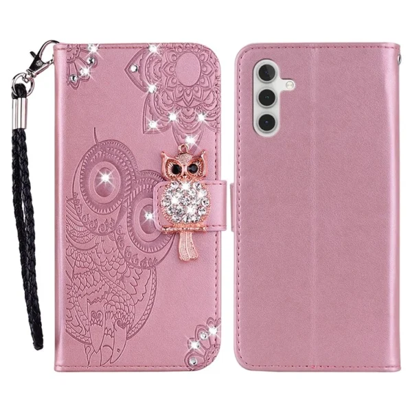 Samsung Galaxy A36 5G Wallet Case Owl Flower Imprinted Rhinestone Leather Cover - Rose Gold