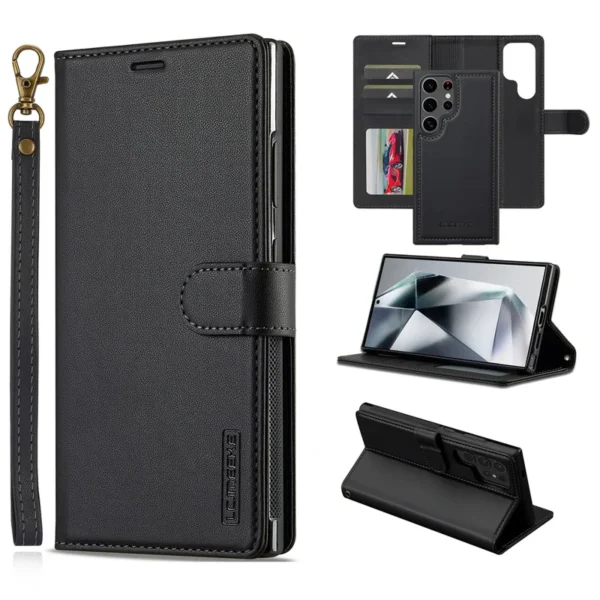 Samsung Galaxy S25 Plus Case Leather Wallet Detachable Magnetic Phone Cover - Black