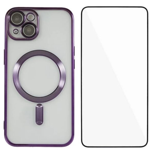 Second image of iPhone 15 Magnetic Case TPU Cover with Tempered Glass - Dark Purple