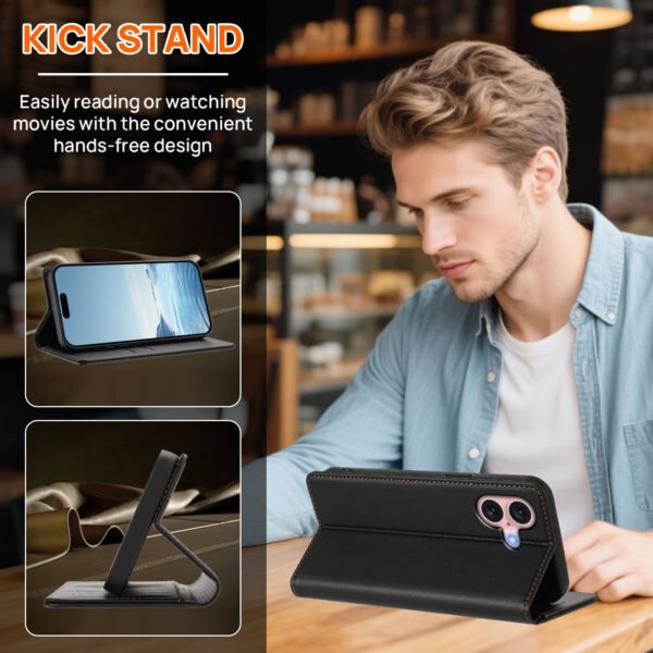 Second image of iPhone 16 Leather Wallet Case - Black