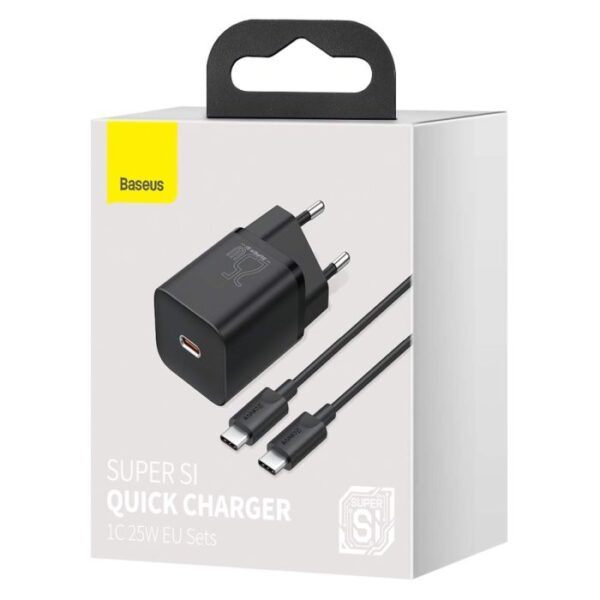 Baseus Travel Charger set Super Si 1C QC (With Mini Black Cable Type-C to Type-C 3A 1m) 25W