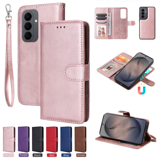 Samsung Galaxy S26 Case 2 in 1 Detachable Magnetic Leather Wallet Mobile Cover with Strap - Rose Gold